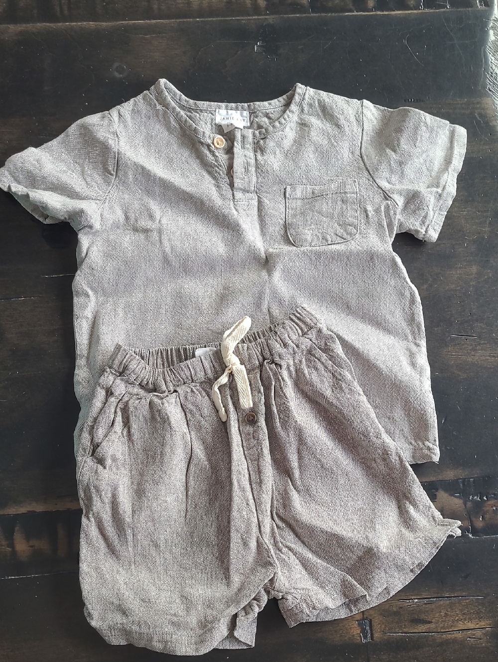 Jamie Kay Neutral Gray Short Sleeve Shirt & Drawstring Shorts Set, 2T